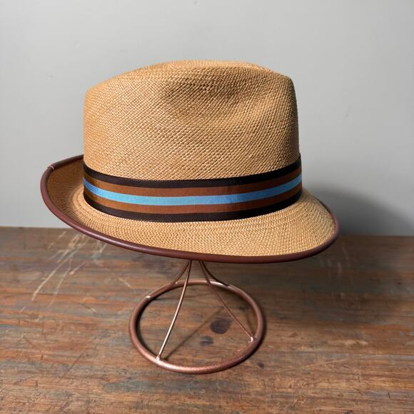 Cha Cha's House of Ill Repute Woven Fedora with Leather trim Brown Blue Ribbon - Picture 3 of 9